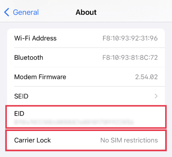 Where to check your EID and Carrier Lock.